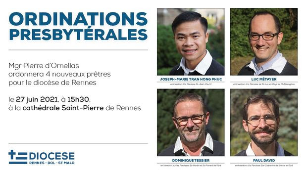 Portraits des 4 prêtres ordonnés à Rennes le 27 juin 2021